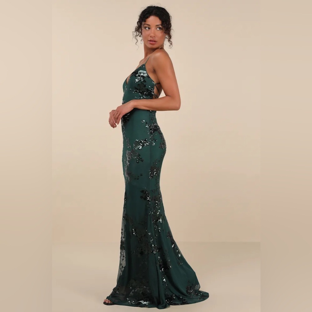 Lulus Valhalla Forest Green Sequin Lace-Up Maxi Dress - Picture 4 of 7
